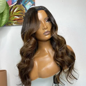 V Part Wig Body Wave Ombre Brown Wigs No Glue No Leave Out Human Hair Wigs Beginner Friendly U Part Wig Human Hair 250% Density