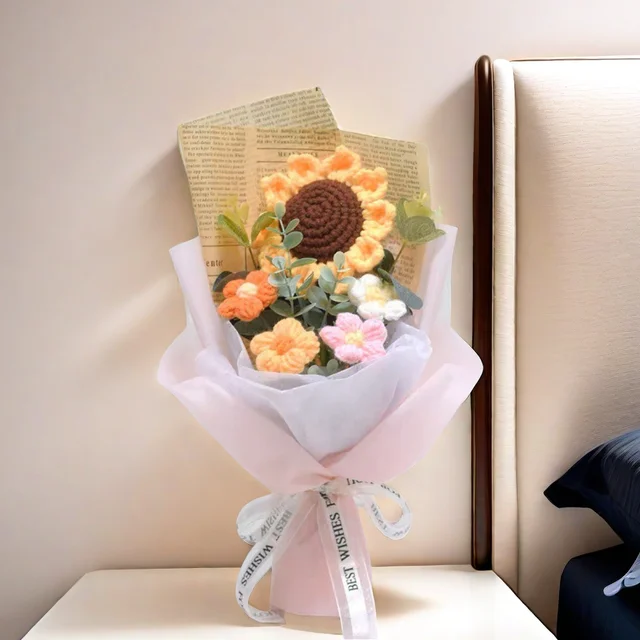 1pc Crochet Bouquet, Efun Handmade Sunflower Daisy Bouquet Valentine's Day Anniversary Wedding Mothers Day Birthday Gift 2