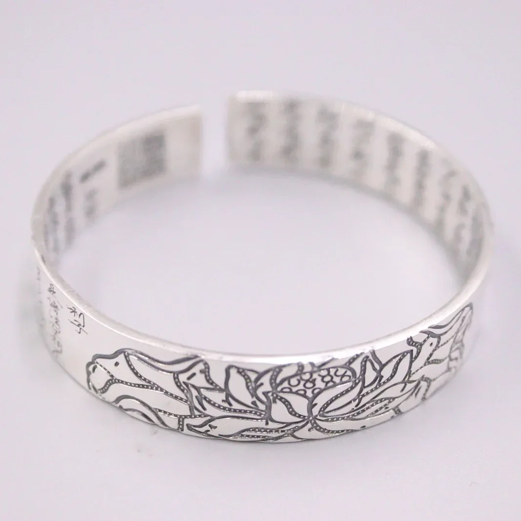 

Real 999 Silver Bangle For Women Lotus Sutra Pattern Best friend Gift 12mm female's Bracelet 54-60mm