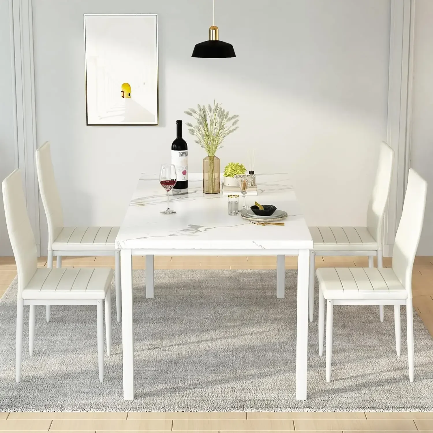 Dining Table Set for 4 Marble Kitchen Table and Chairs for 4, Comfortable PU Leather Chairs,Dining RoomTable Set for Small Space