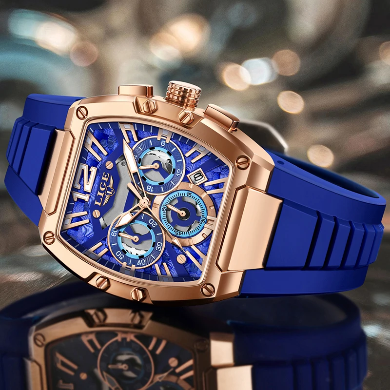 LIGE New Men Watch Top Brand Luxury Blue Silicone Big Dial Watch Men Luminous Waterproof Square Chronograph Relogios Masculino