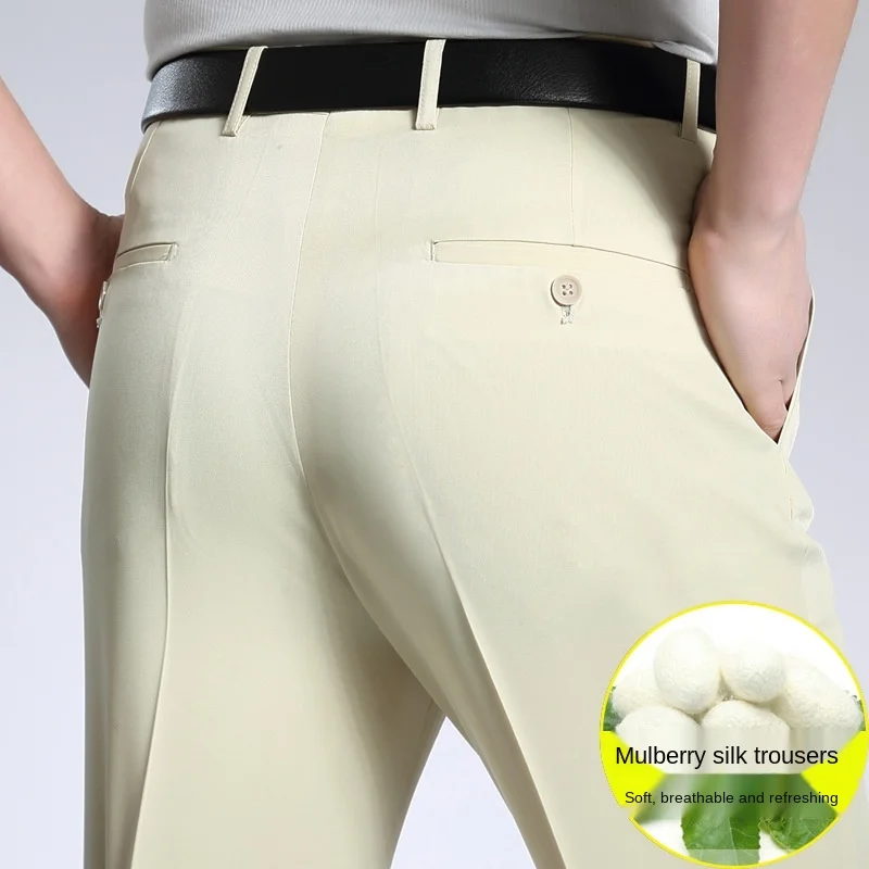 Mulberry Silk Thin Dress Trousers Man High Waist Straight Loose Men's Pants Flat Khaki Black Business Suit Pants 3