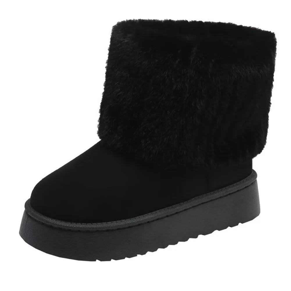 Large size thick-soled snow boots women's 2024 winter new sleeve piled warm medium tube flanged fluffy cotton shoes