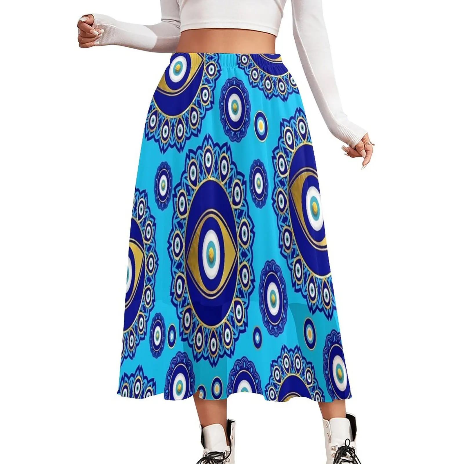 

Evil Eye Charm Chiffon Skirt Blue And Gold Korean Fashion Casual Skirts Women Retro A-line Skirt Custom Clothing Birthday Gift