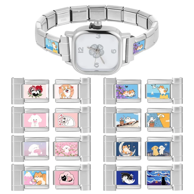 Cartoon Cat Dog Watch Connector 9mm Stainless Steel Bracelet