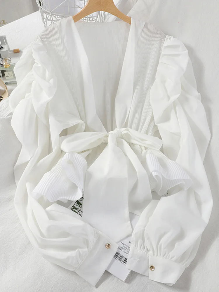 Camiseta de manga larga abombada para mujer, camisa con lazo de Color liso, con cintura cerrada y correa de temperamento, novedad de primavera y verano - Image 3