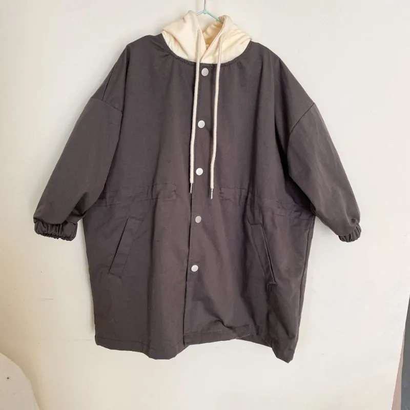 Spring Kids contrast color hooded trench jackets Boys and girls loose casual long style wind jackets