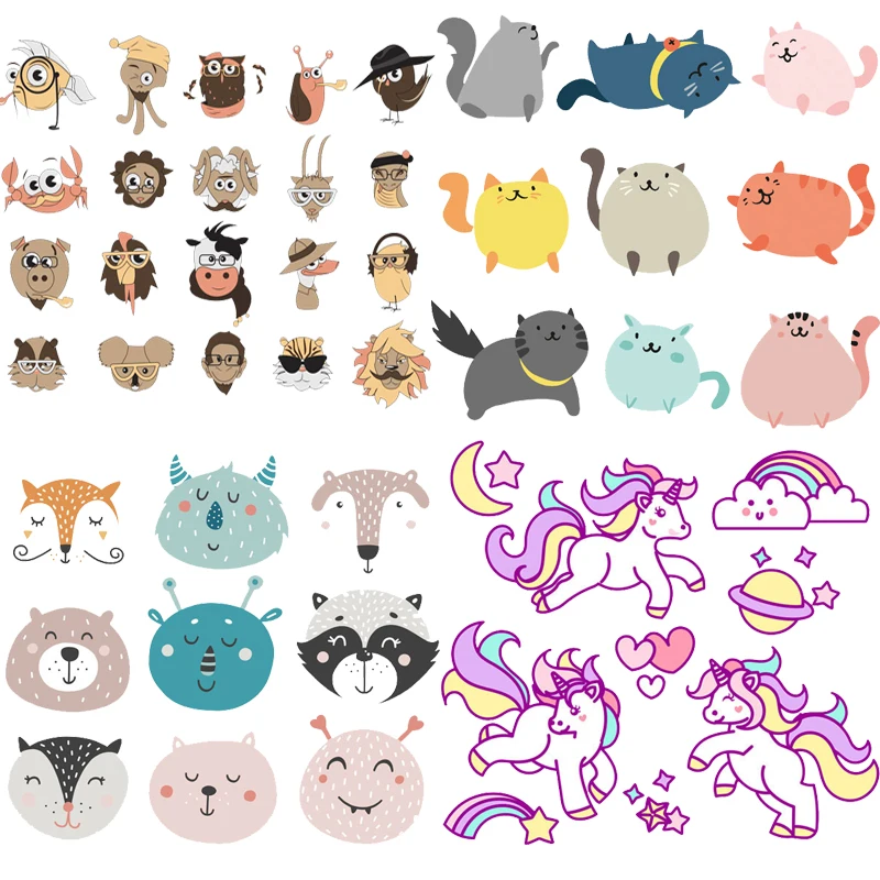 

Cartoon Appliques Animals Heat Transfer Stickers on Clothes Kids' T-shirts Stickers Unicorn Owl Cat Iron on Patches for Clothing