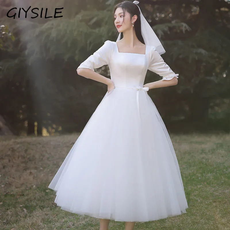 

GIYSILE Minimalist Party Dress Light Wedding Dress French Hepburn Style Cute Square Neck Middle Sleeve Evening Dresses