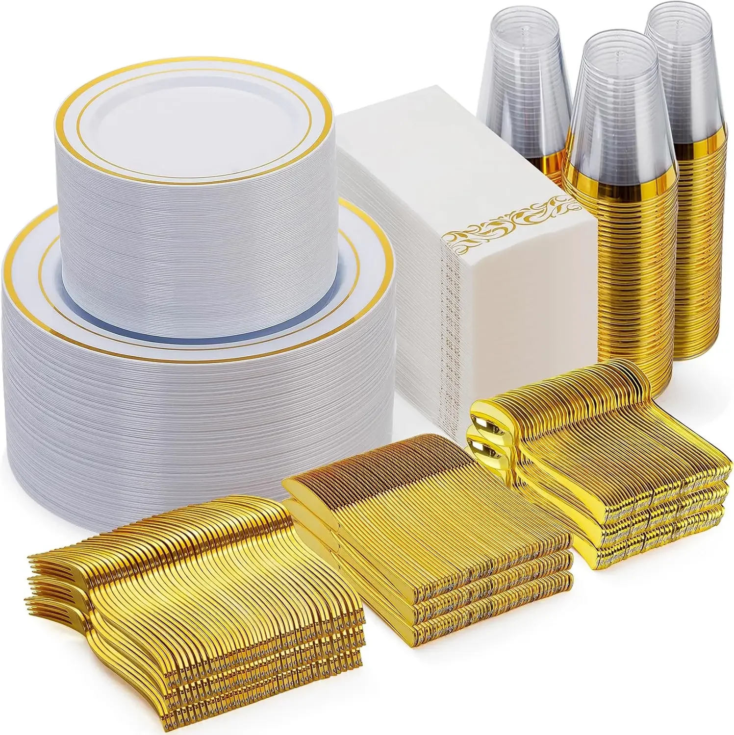 700 Piece Gold Dinnerware Set for 100 Guests Disposable for Party Include Gold Rim Dinner Plates Dessert Plates Paper Napkins