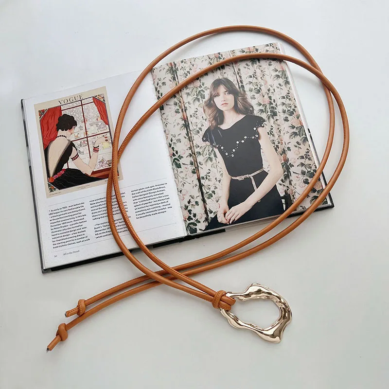 Elegant Women's Leather Rope Knotted Belt with Metal Buckle - Stylish Skinny Waistband Accessory