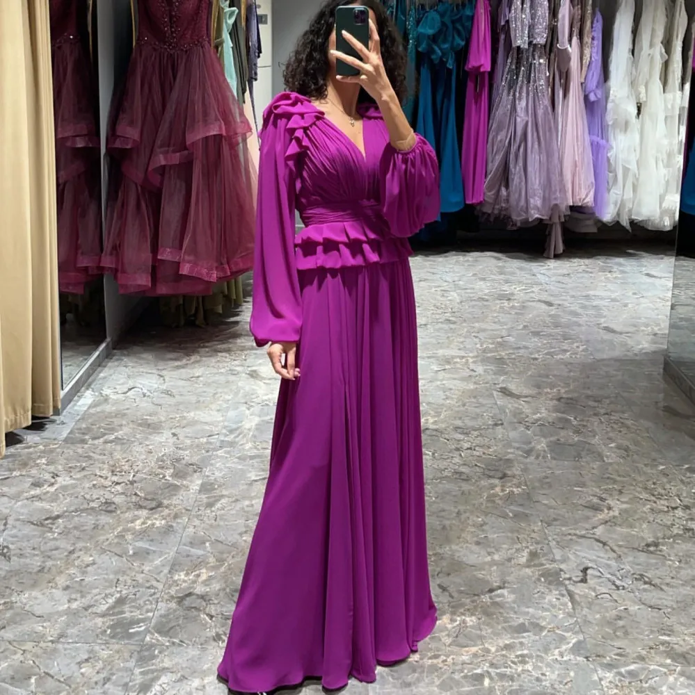 

2024 Formal Occasion Dresses Ruffle A-Line Floor-Length V-neck Long Sleeves Elegant Party Prom Dresses Robes De Soirée