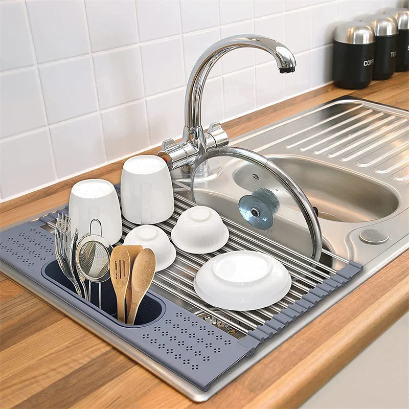 Kitchen Drain Rack Vegetable Fruit Dish Sponge Drainer Holder Basket Dinnerware Drying Shelf Stainless Steel |