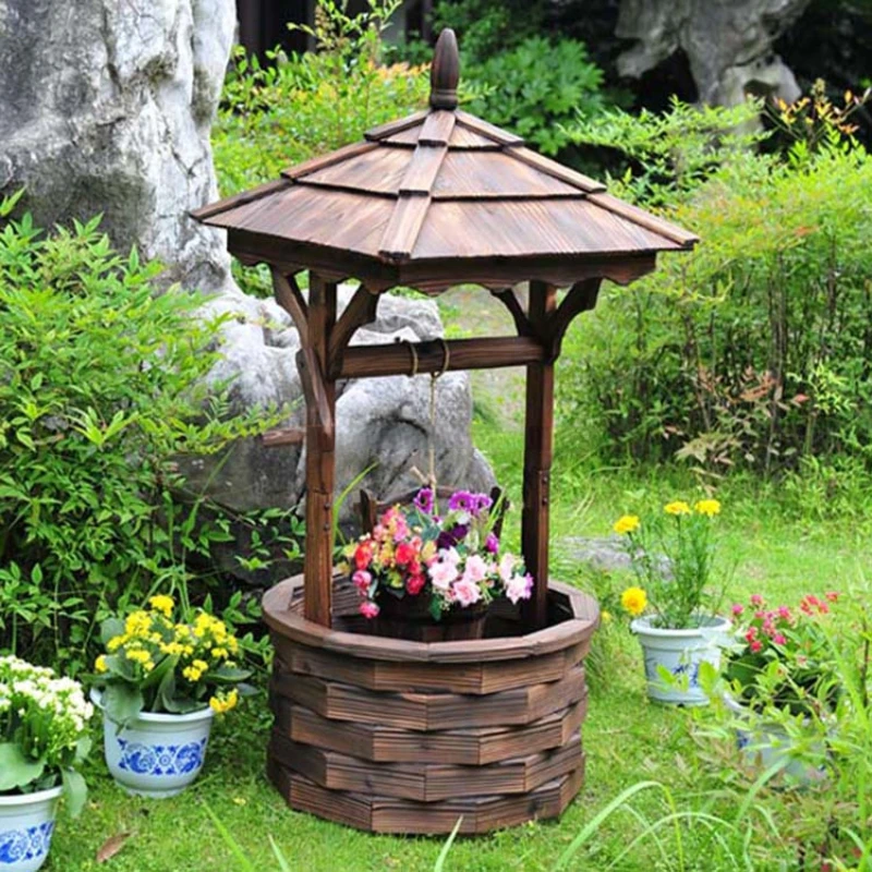 Wooden Wishing Well Bucket Flower Planter Fir Wood Garden Wishing Well