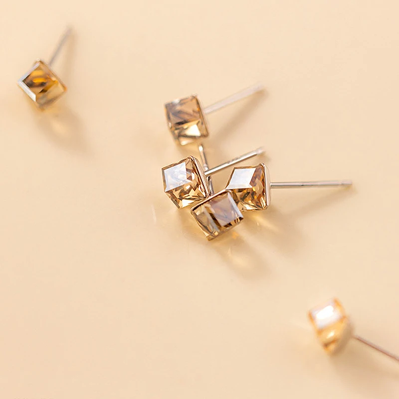 

Simple Faceted Square Stud Earrings Authentic 925 Sterling Silver Fashion Geometric Jewelry Birthday Gift for Women