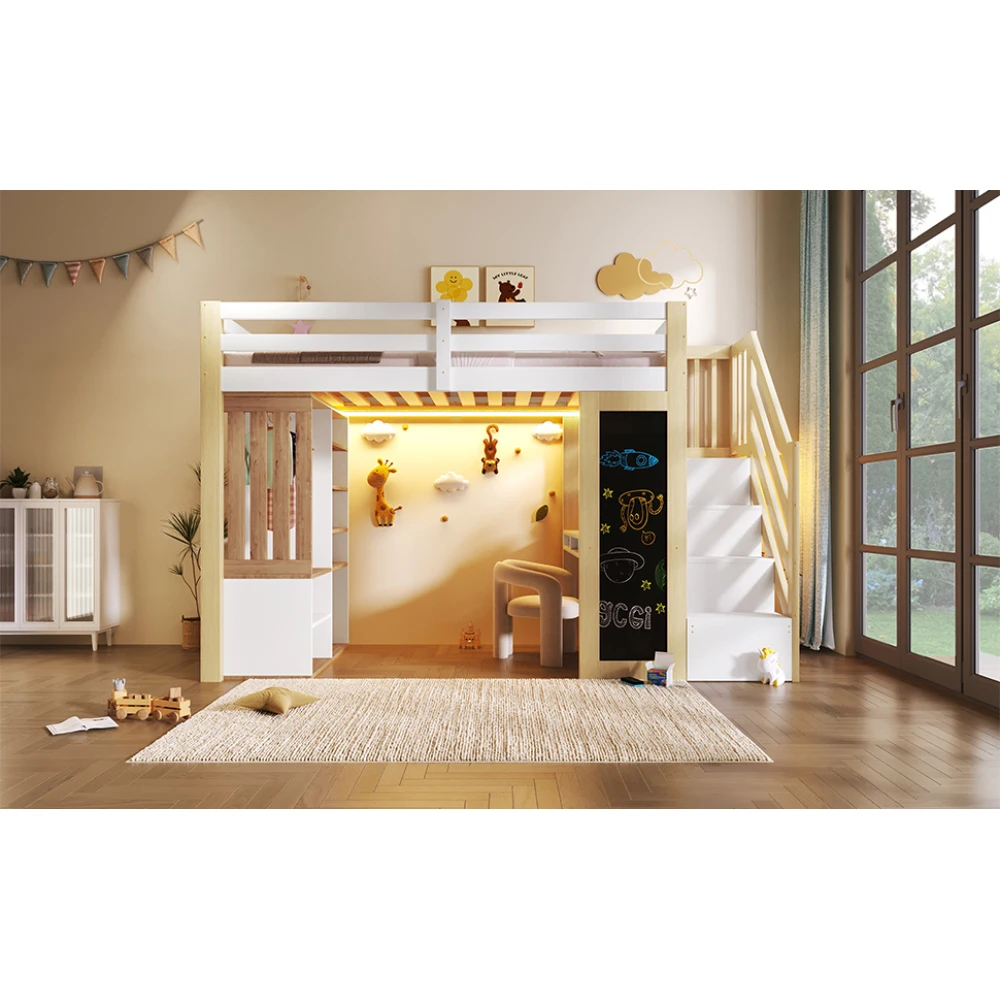 90*200cm Kinderbett mit Schreibtisch, Regalen und Kleiderschrank, Leiter, integrierte LED-Beleuchtung – Multifunktionsbett ohne Matratze – Detail 21