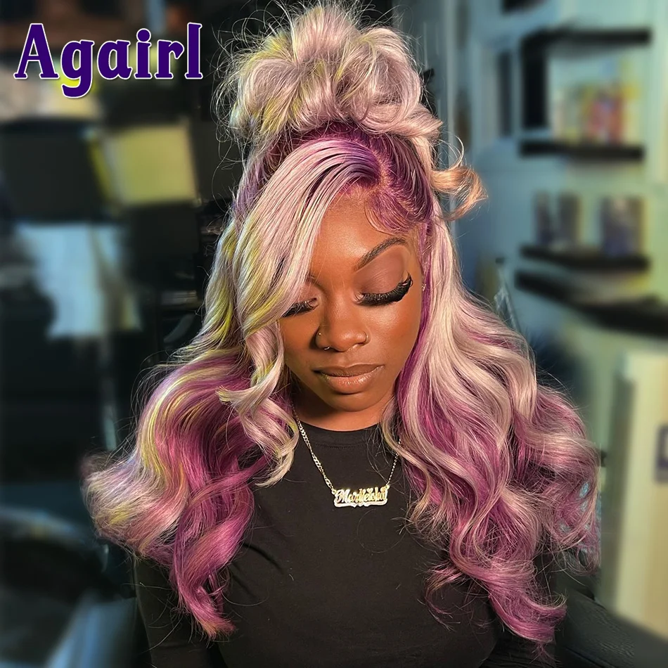 13X6 HD Full Lace Front Wig Silver Mixed Purple Highlight Body Wave Human Hair Wig 613 Honey Blonde 13x4 Lace Frontal Wig 30Inch