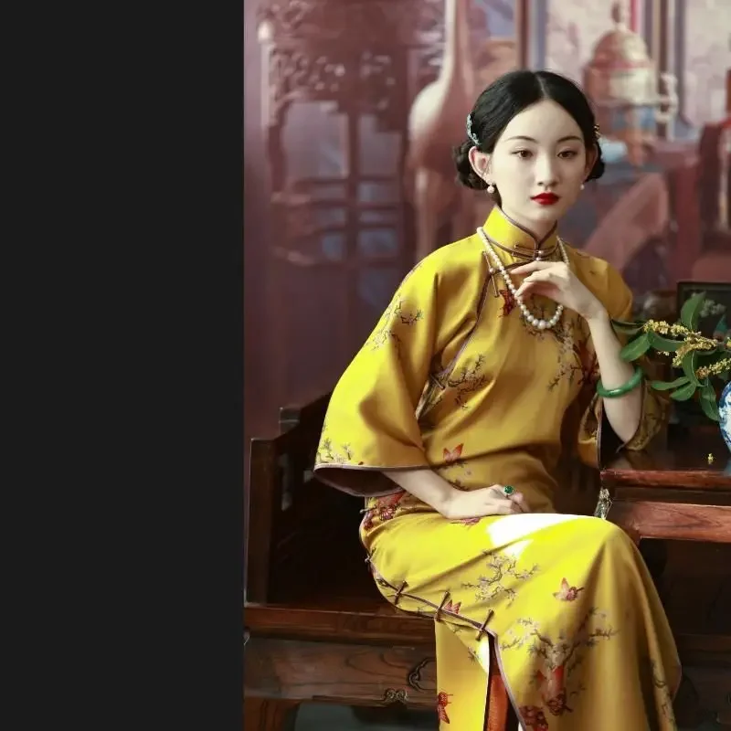 

Spring Causal Traditional Cheongsam Dress for Women Chinese Qing Dynasty Elegant Inverted Sleeve Yellow Printing Party Qipao