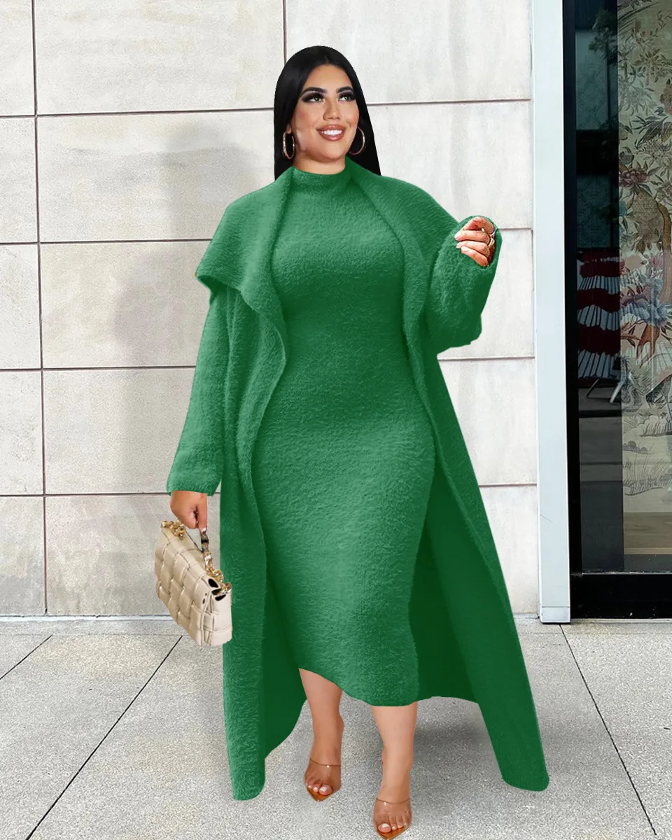Plus Size Women Party Dress Fur Elegant Long Jacket 2022 Winter Evening Robe Female Luxury Two Piece Set New In Outdoor Clothes