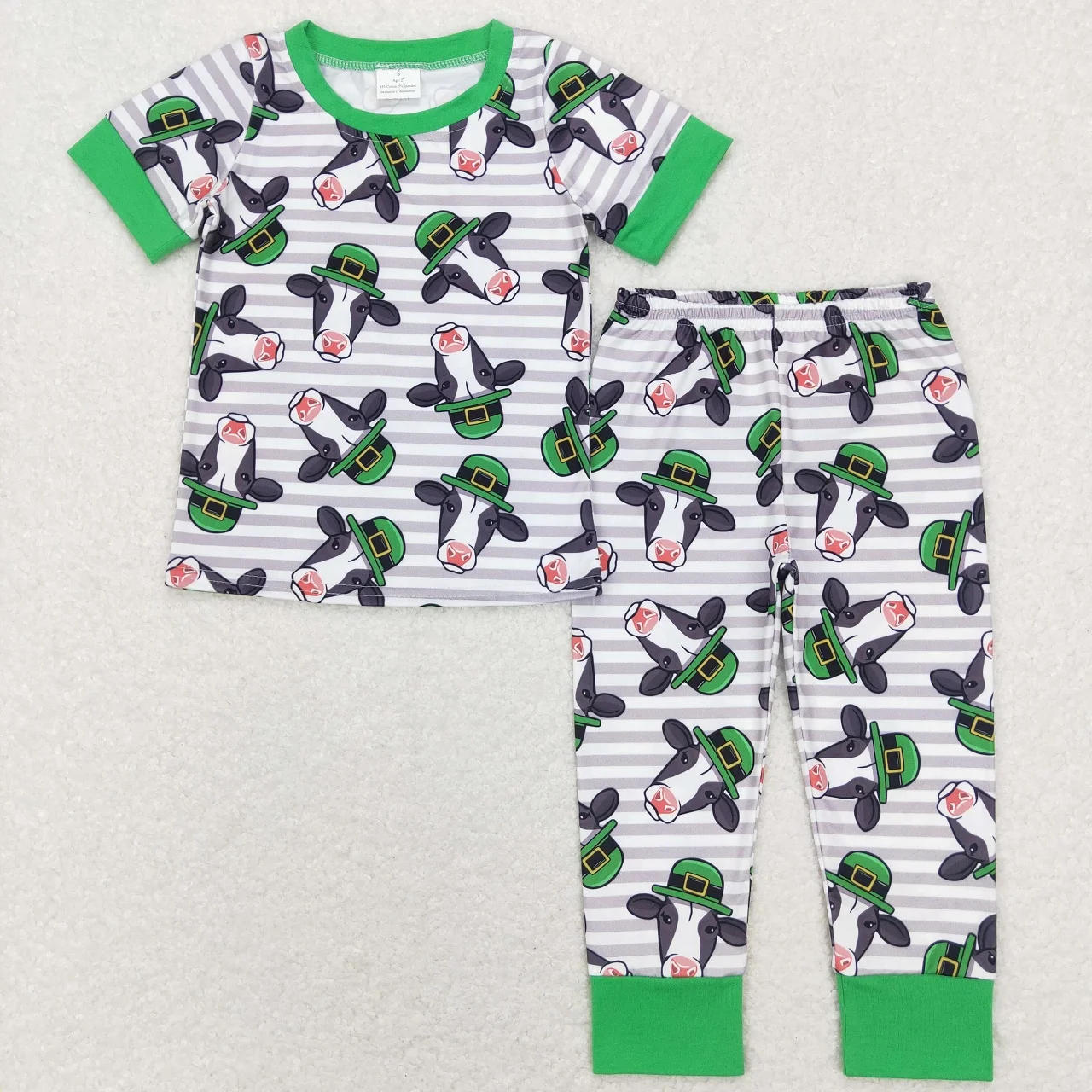 

Wholesale Toddler Short Sleeves Stripes Shirts Kids Cow Pants Outfit Baby Boy Set Sleepwear Children St. Patrick's Day Pajamas