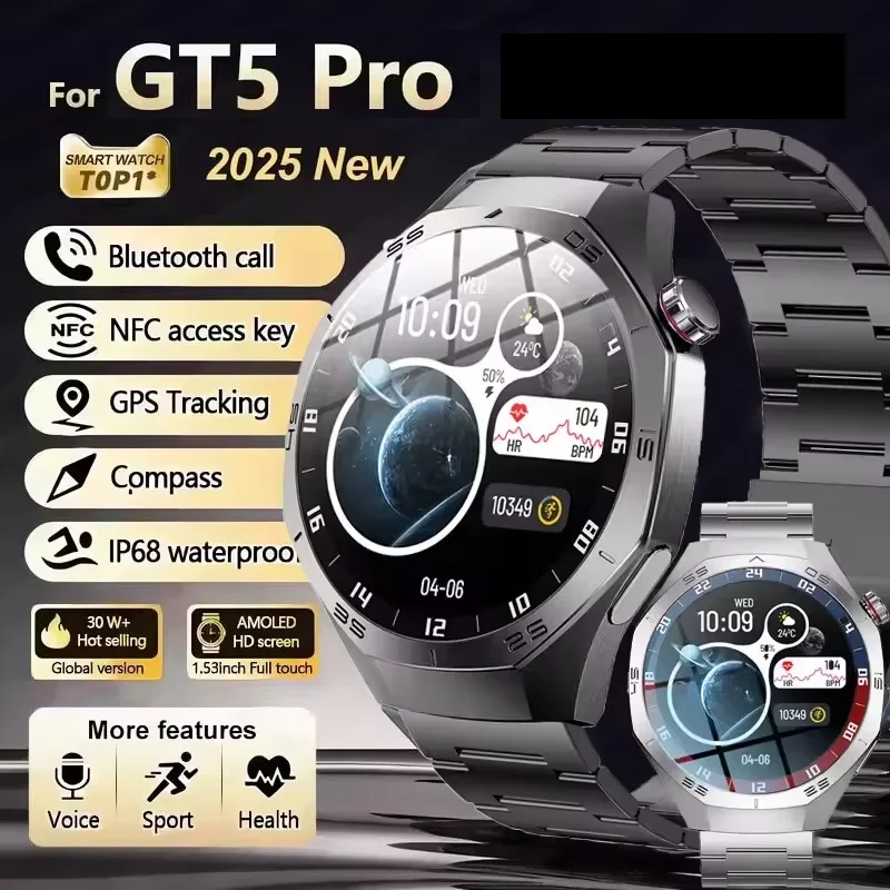 2025 New GT5 Pro Smart Watch Men AMOLED Screen GPS Motion trajectory Heart Rate Monitr Bluetooth Call SmartWatch Waterproof Band
