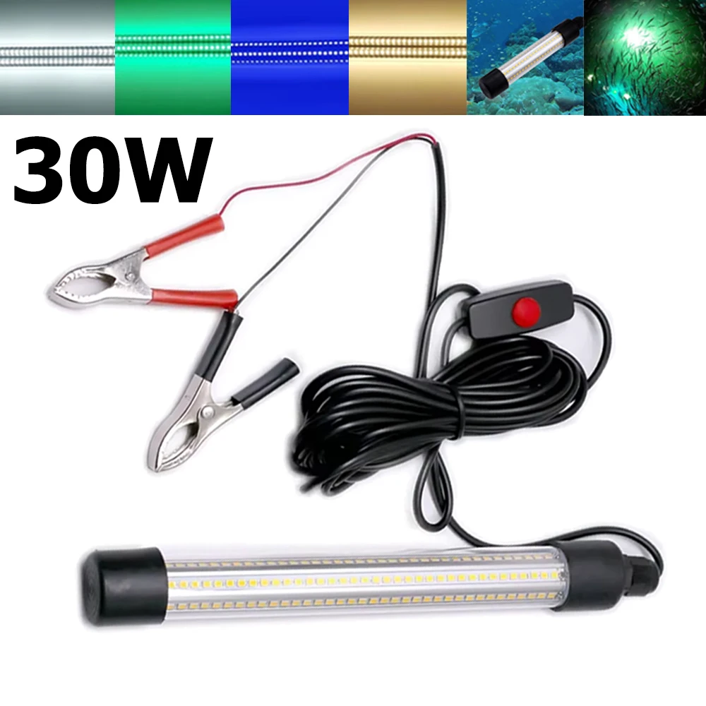 12V 24V Fishing Light 30W Hight Power LED Underwater Fishing Biat Light IP68 Attracts Prawns Squid Krill Light for Sea Fishing