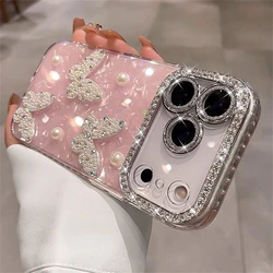 Pearl Butterfly Diamond Rhinestone Glitter Phone Case with Shell Pattern and Camera Cover - iPhone 12 Pro Max (Pink)