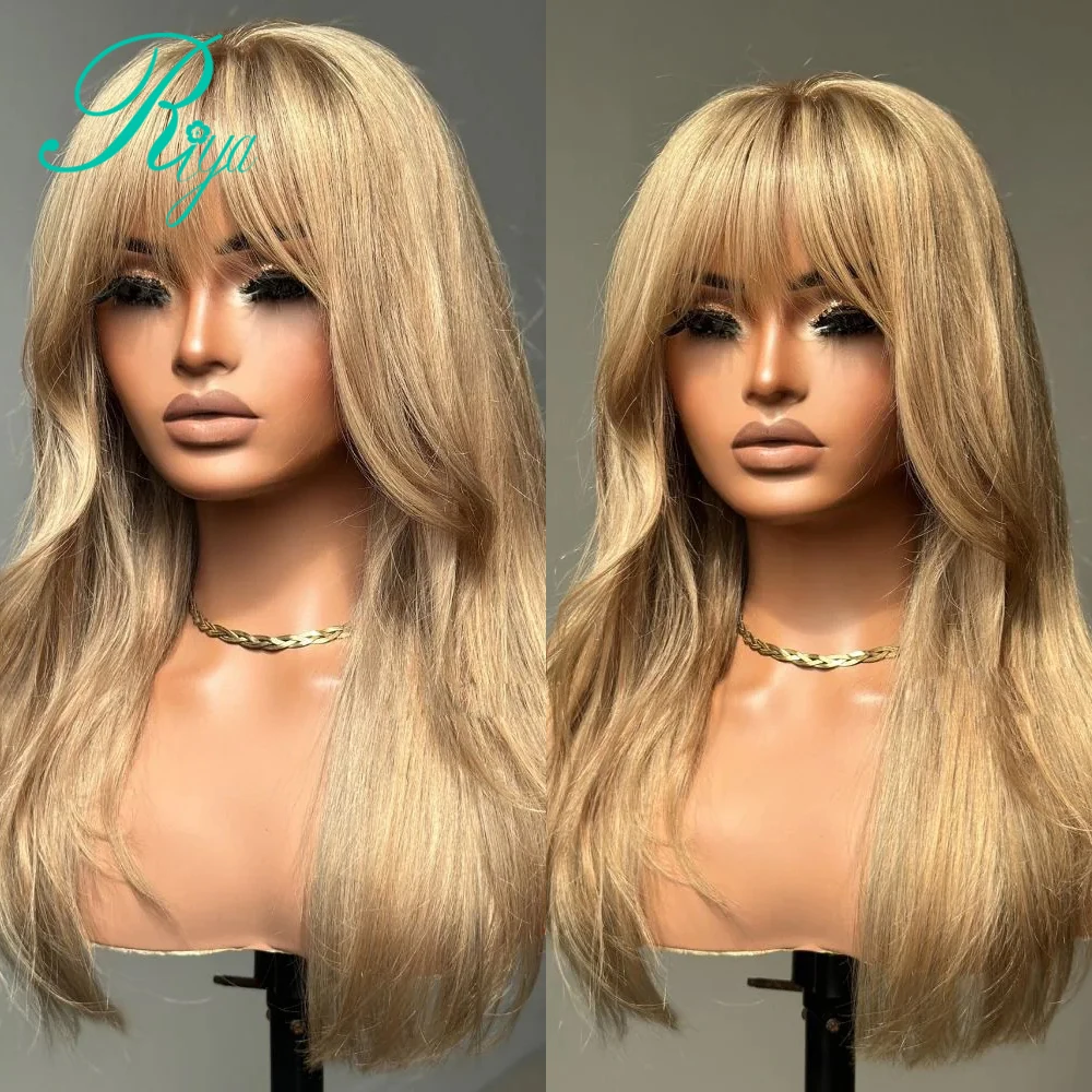 Human Hair Wig Pre Cut Ash Lace 4x4 5x7 Honey Blonde Layered Cut Straight With Bangs 613 Blonde 360 Full Lace Glueless human hair wig lace front wigs