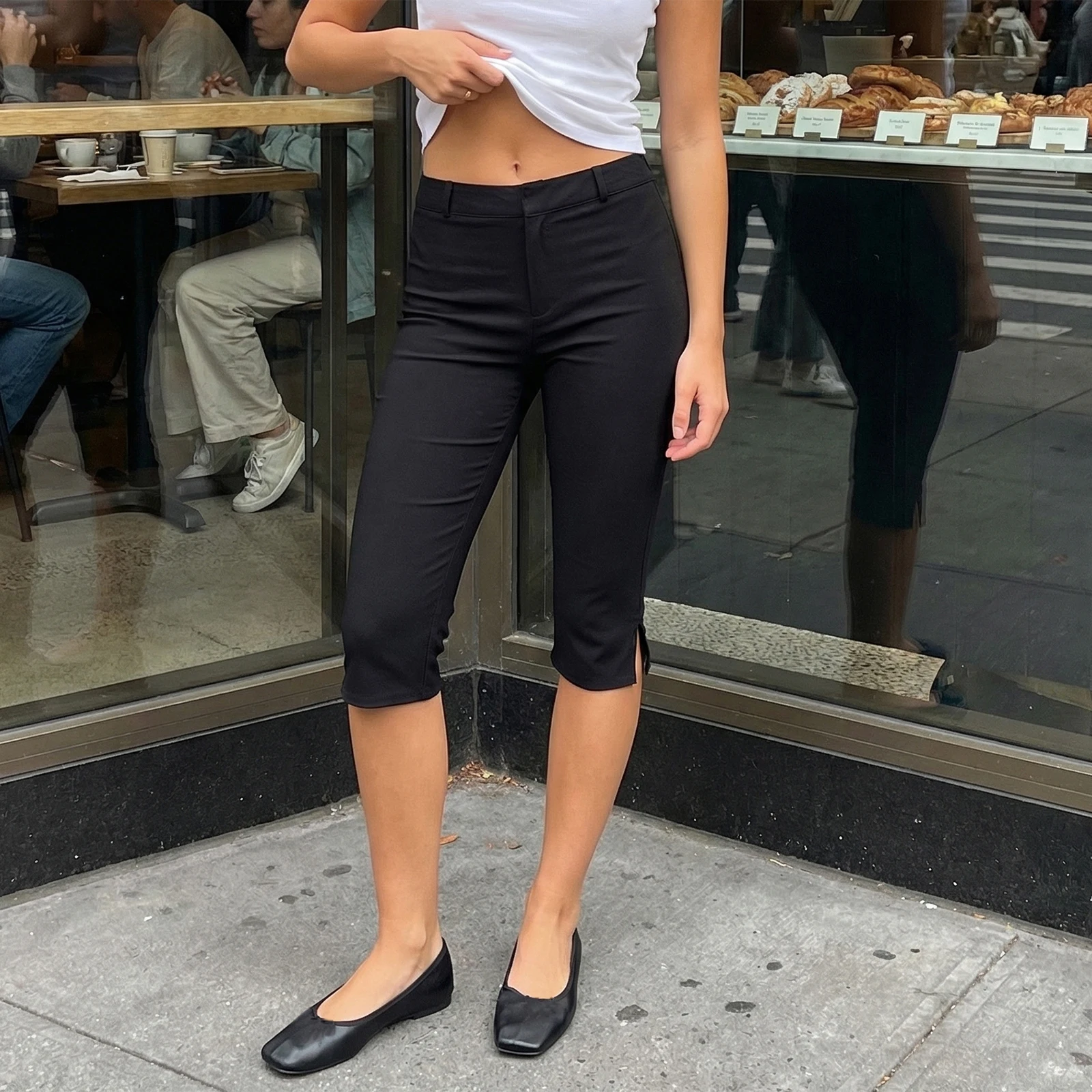 Women Casual Capri Pants Low Waist Stripes/Solid Color 3/4 Leggings  Fitness Workout Cropped Pants for Daily Wear - 4