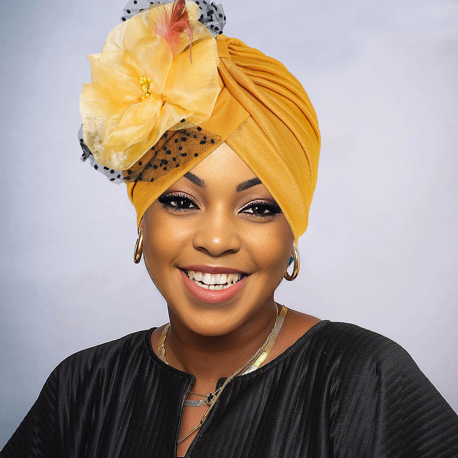 Ladies turbans pure color big flower mesh style accessible luxury wedding important occasions wear forehead cross fashion turban hatAfrican Zahra Cap 2