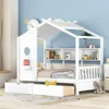 Twin House Bed with Storage Drawers & Bookcase, Montessori Twin Platform Bed Frame with Rails & Roof for Kids Teens Girls Boys 1