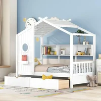 Twin House Bed with Storage Drawers & Bookcase, Montessori Twin Platform Bed Frame with Rails & Roof for Kids Teens Girls Boys 1