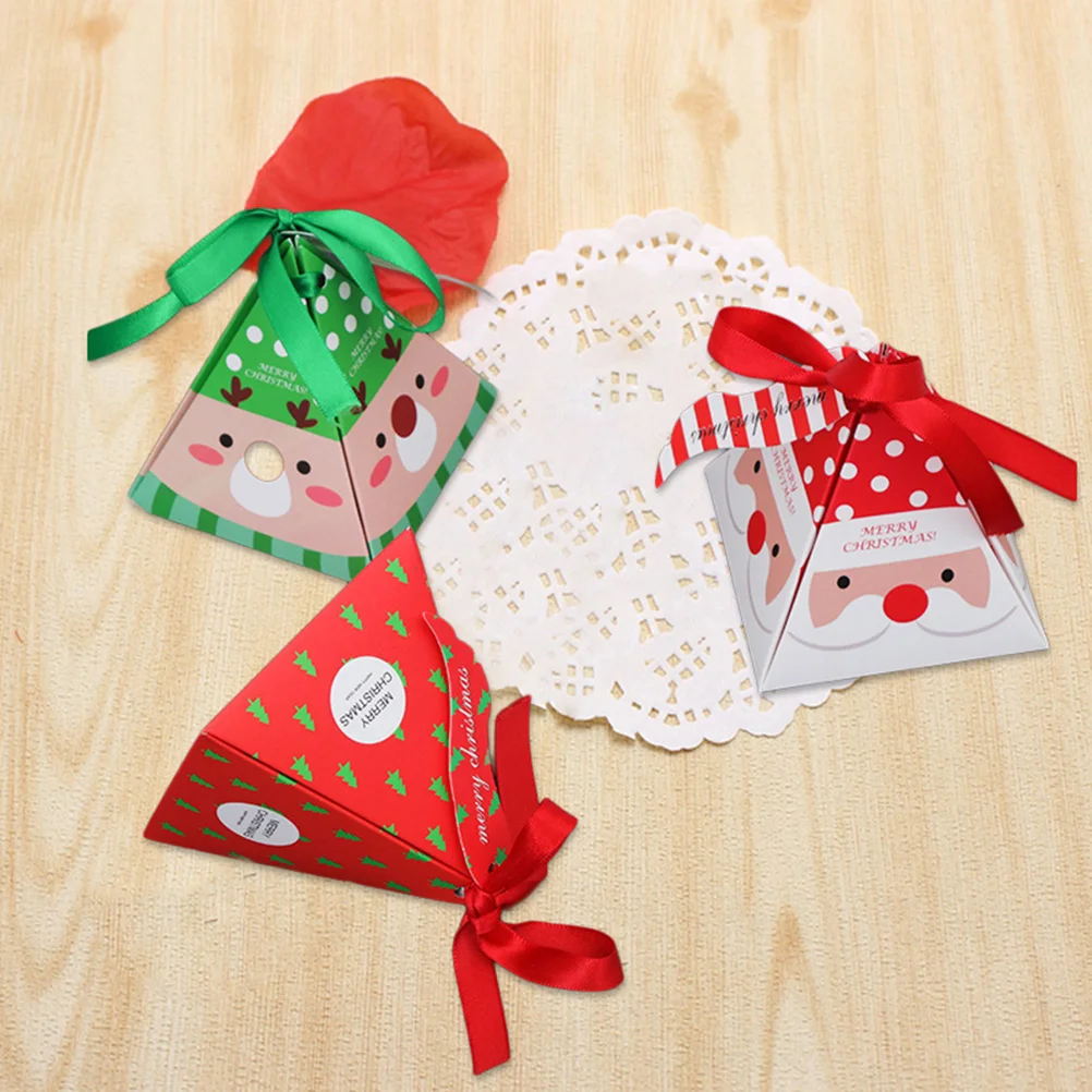 

Merry Christmas Triangle Gift Box Santa Claus Elk Paper Boxes Xmas Candy Container with Ribbon for Home Shop Party Wedding