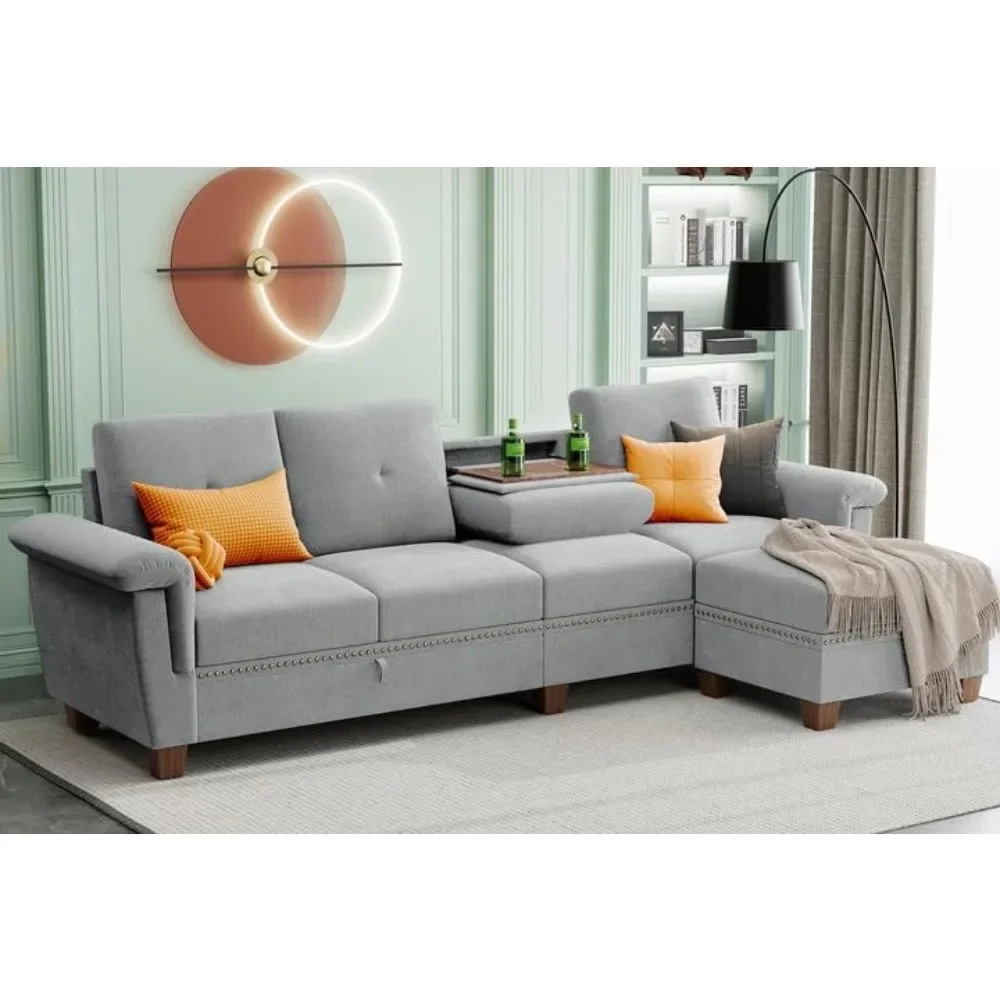 

Convertible Sectional Sofa with Reversible Chaise and Cup Holders, 4-Seat Sofa, L Shaped Sofa