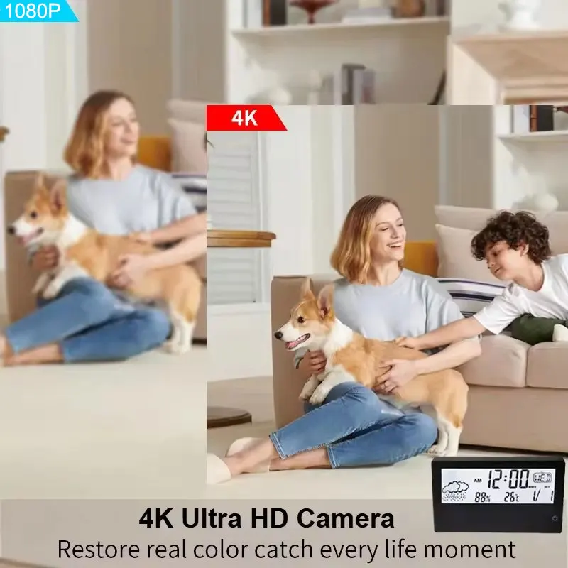 4K HD Electronic LED Clock Camera Smart Digital Mini Wi-Fi Camcorder Home Temperature Humidity Weather Display Video Recorder