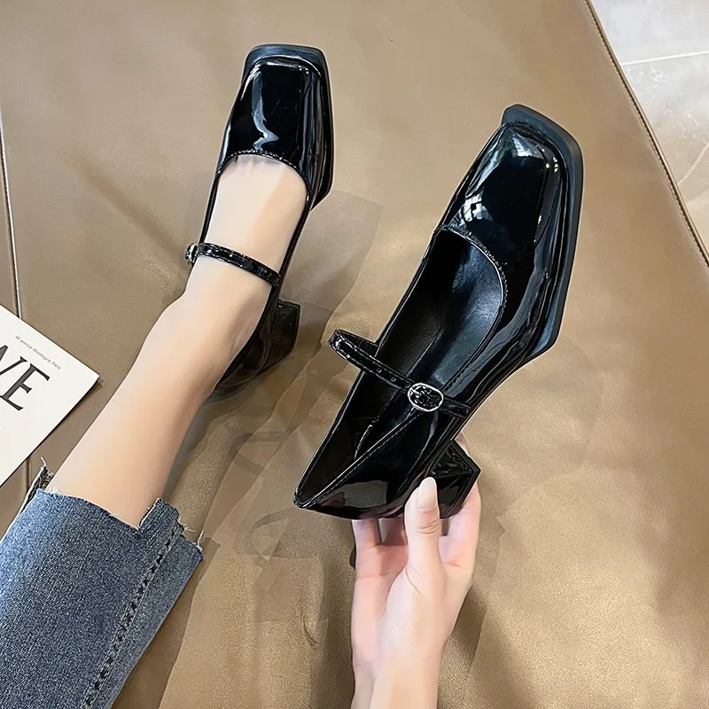 Silver Shoes Spring  New Women Shoes with Square Toe and Low Heels Mary Jane Shoes with Shallow Heels.