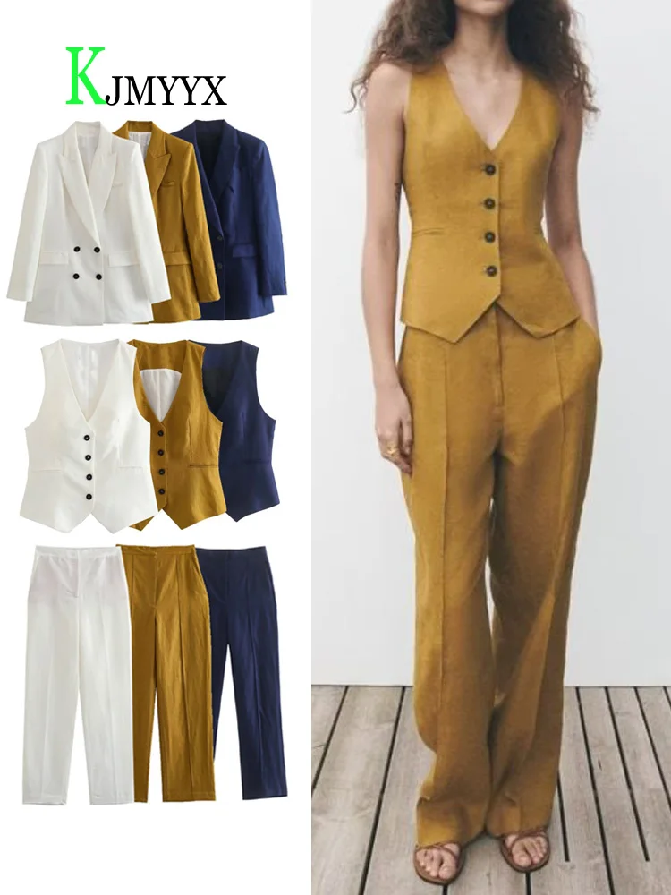 

KJMYYX New Linen Women Pants Sets Suit Blazer Outfit White Set Solid Office Lady Long Sleeve Coat Full-Length Trouser Xs