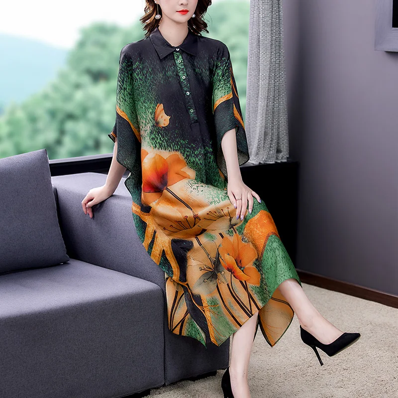 

Summer Floral Mulberry Silk Short Sleeve Midi Dress Women Elegant Loose Waist Plus Size Dress Korean Vintage Casual Dresses