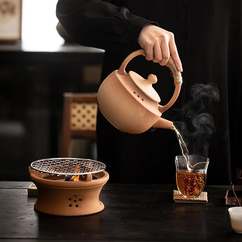 Japanese Handmade Kungfu Tea Set Teapot Round Furnace Fast Alcohol Furnace Dry-fired Clay Teapot Beam Kettle Teaware Kitchen Bar tea brewing pot