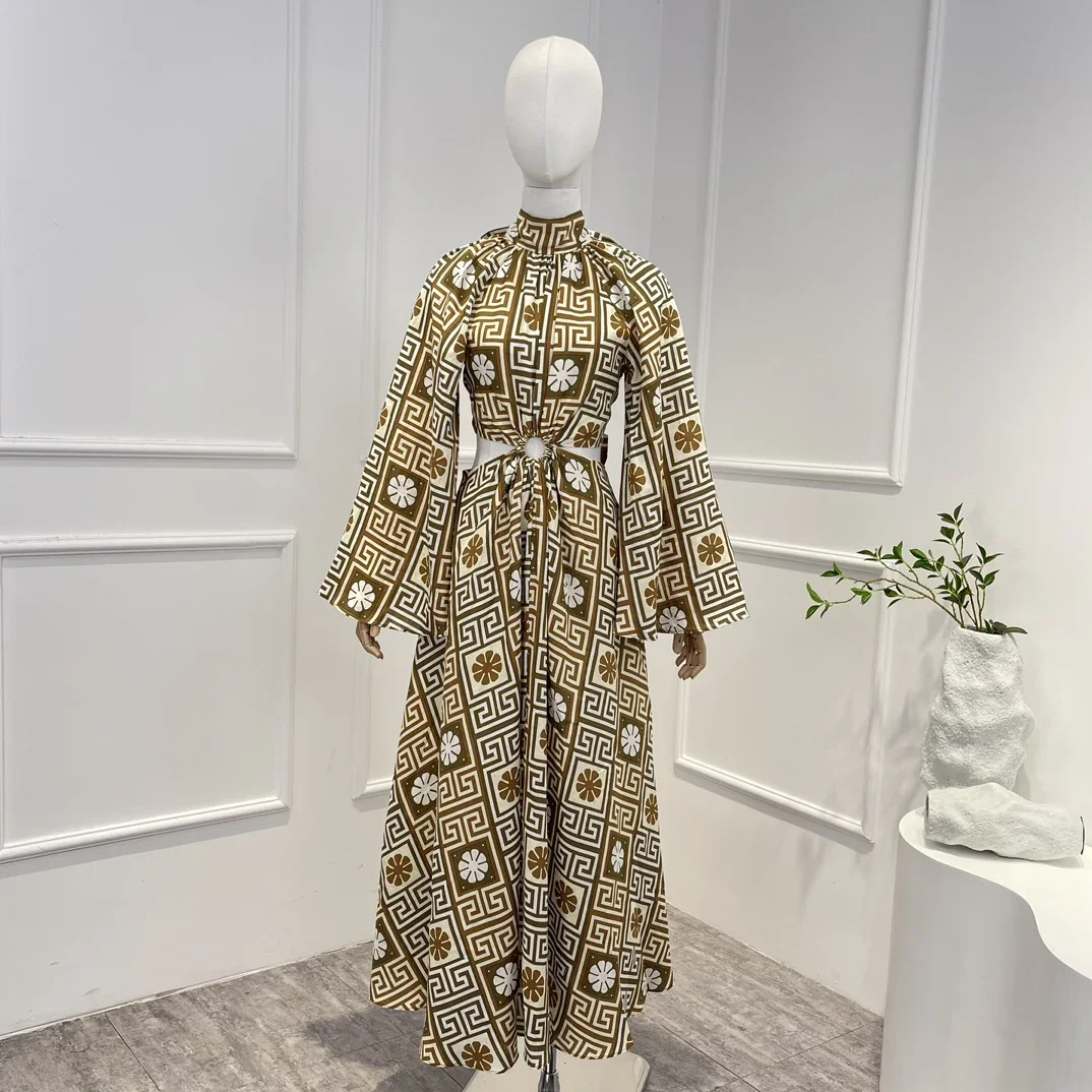 

Cut Out 2023 New Vintage Geometric Printing Pure Linen Long Flare Sleeve Backless Lace-up Woman Midi Dress