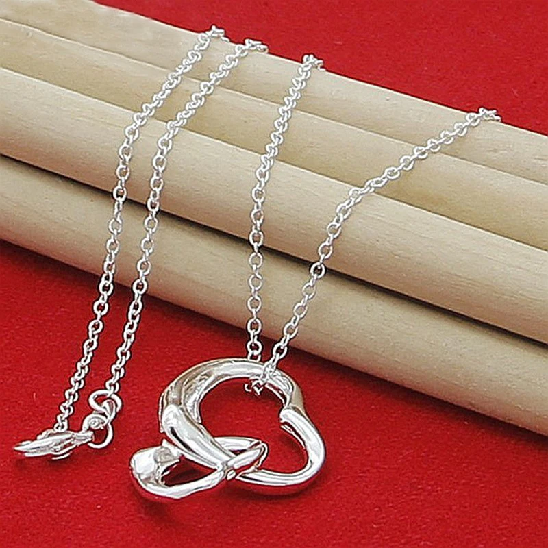 

925 Sterling Silver 18 Inch Chain Double Heart Pendant Necklace For Women Wedding Engagement Fashion Charm Jewelry
