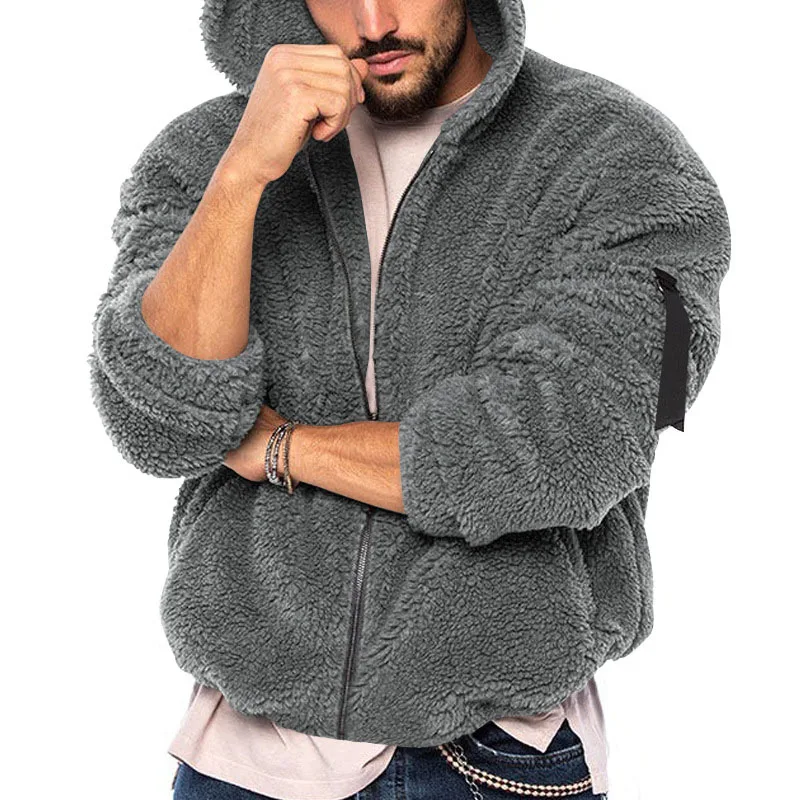 

Leisure Men's Fleece Hooded Sweatshirts Zip-up Loose Long Sleeve Warm Coats Autumn Winter Men Clothing Casual Pure Color Jacket