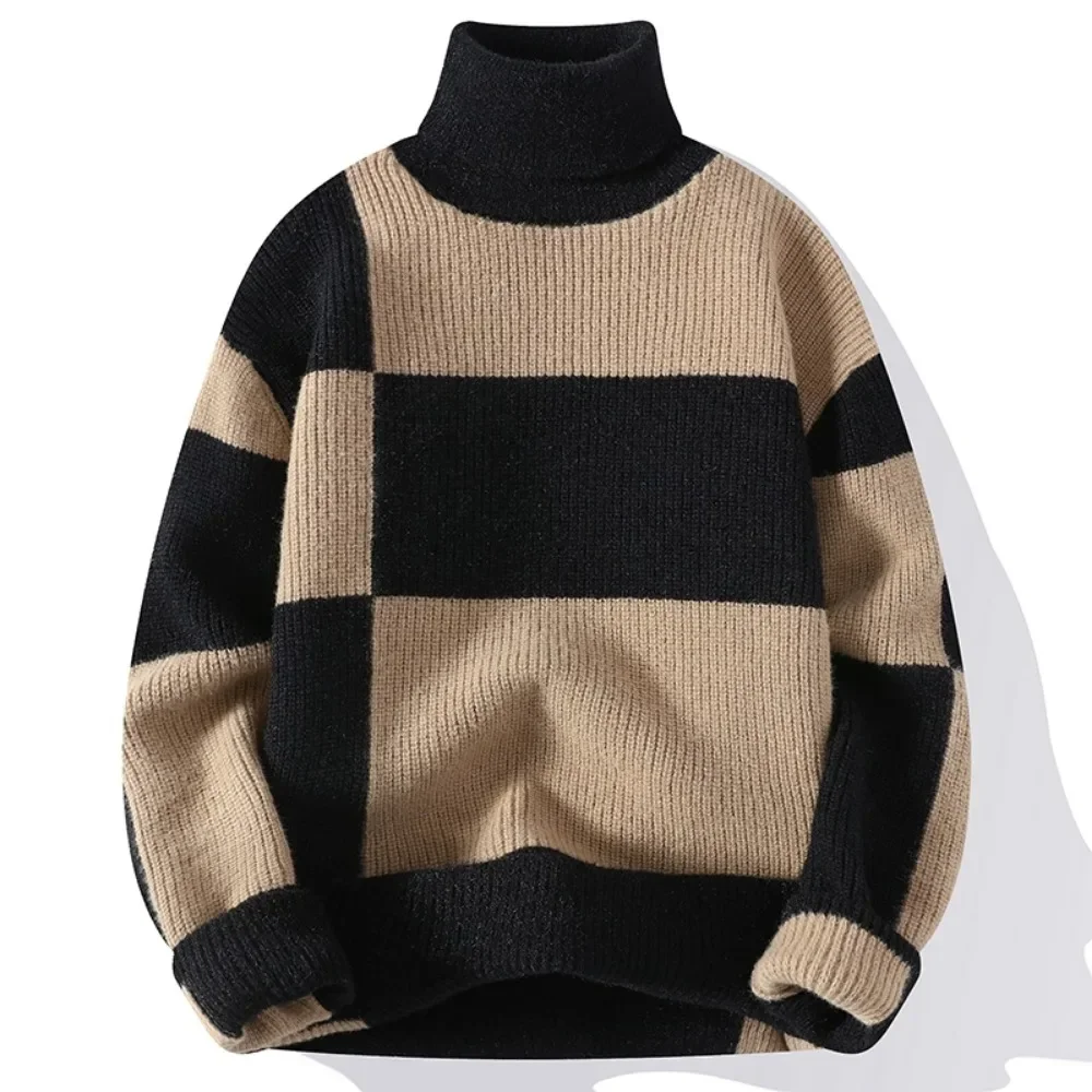 

Sweaters Men Clothing Long Sleeve Sweatshirt Knitted Sweaters High Neck Patchwork Design