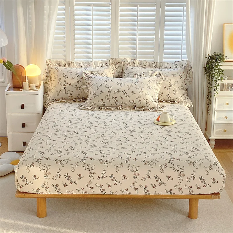 Bonenjoy 1 pc 100%Cotton Fitted Sheet Floral Flower Printed Bed Cover with Elastaic Queen/King Size Bed Fitted Sheet 180x200cm 4