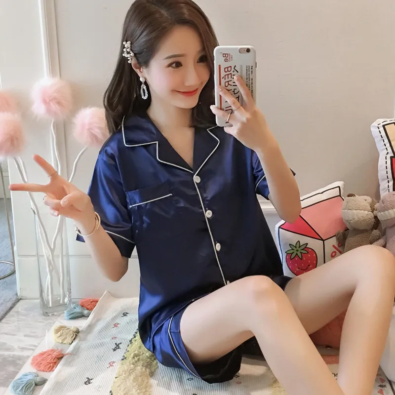 

Simple Women Silk Short Tops + Shorts Sets Sleepwear Long-sleeve Cardigan Set Female Ice Silk Pyjamas Home Clothing Size M-5XL