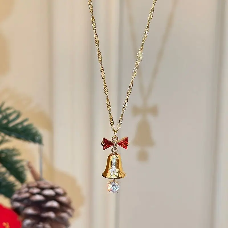 Christmas Bell Red Rhinestone Bow Earrings Necklace Girls Sweet Fashion Jewelry Xmas New Year Gifts for Women