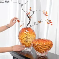Amber Color Glass Vase Transparent Wrinkled Flower Pots Desk Decoration Flowers  Arrangement Floral Vases Room Aesthetic Decor 2