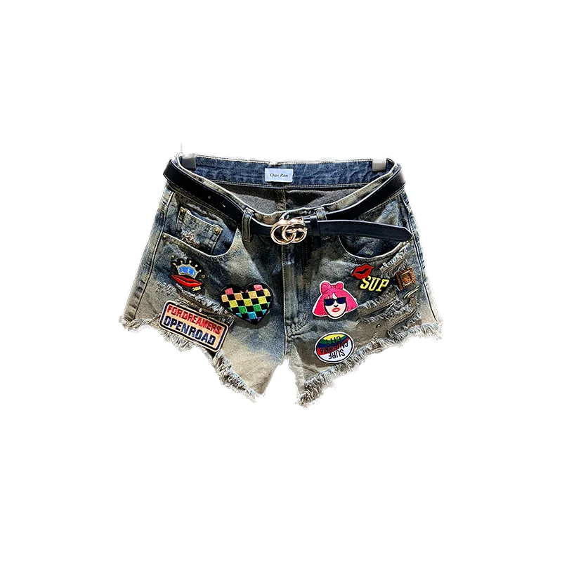 Lyfzous Sexy Badge Patch Womens Shorts Korea Style Personality Do Old