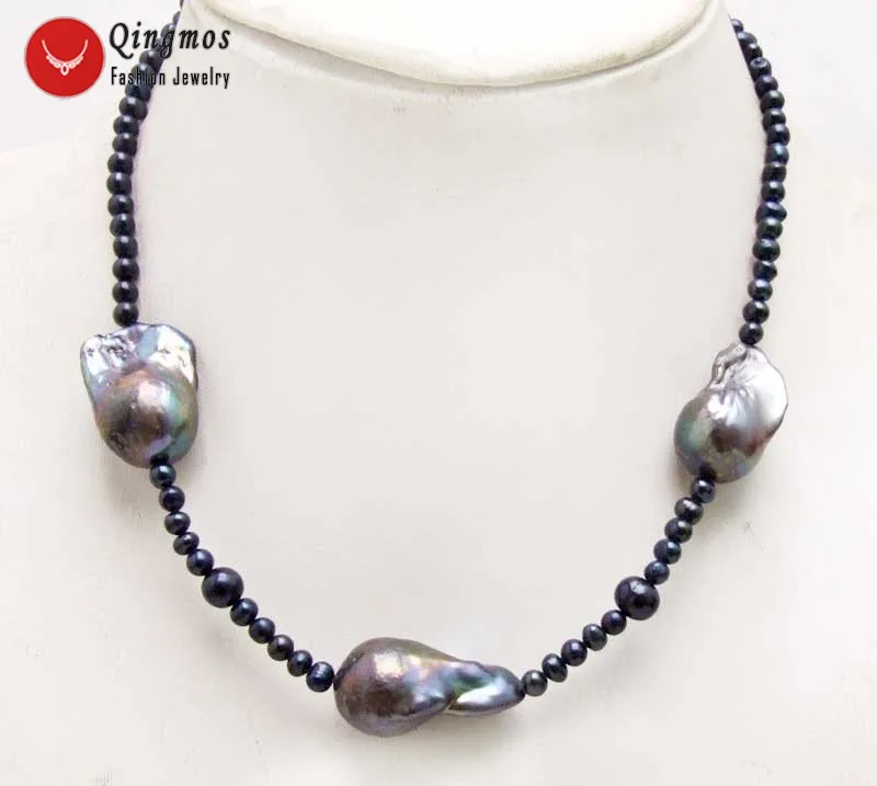 Qingmos 14*25mm Baroque Natural Black Pearl Pendant Necklace for Women with 5mm Black Pearl Pearl Necklace Chokers Jewelry