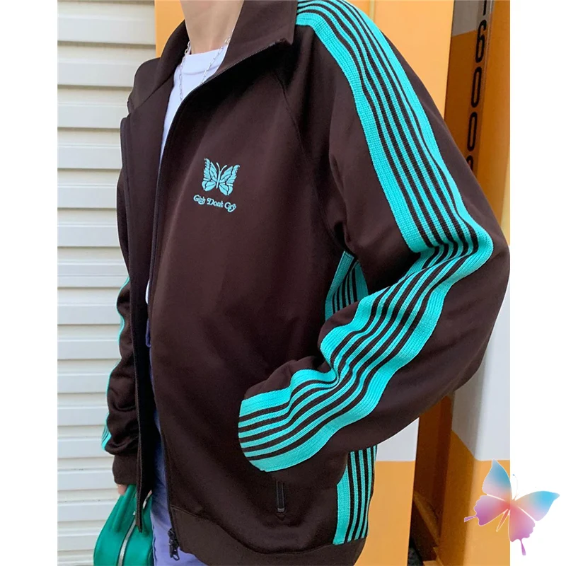 

2024 1:1 Quality Needles Jacket High Street Men Women Tracksuit Embroidered Butterfly Side Stripes Zipper Coat Casual Loose Pant